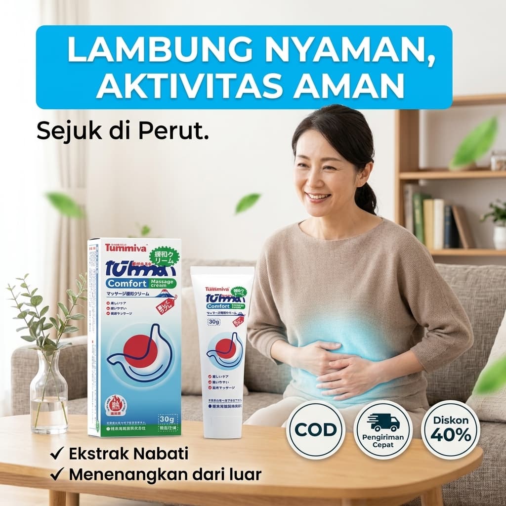 Ibu di sofa memegang perut dengan tube dan kotak Tummiva di meja, tulisan Lambung Nyaman Aktivitas Aman, Sejuk di Perut, COD, diskon 40%