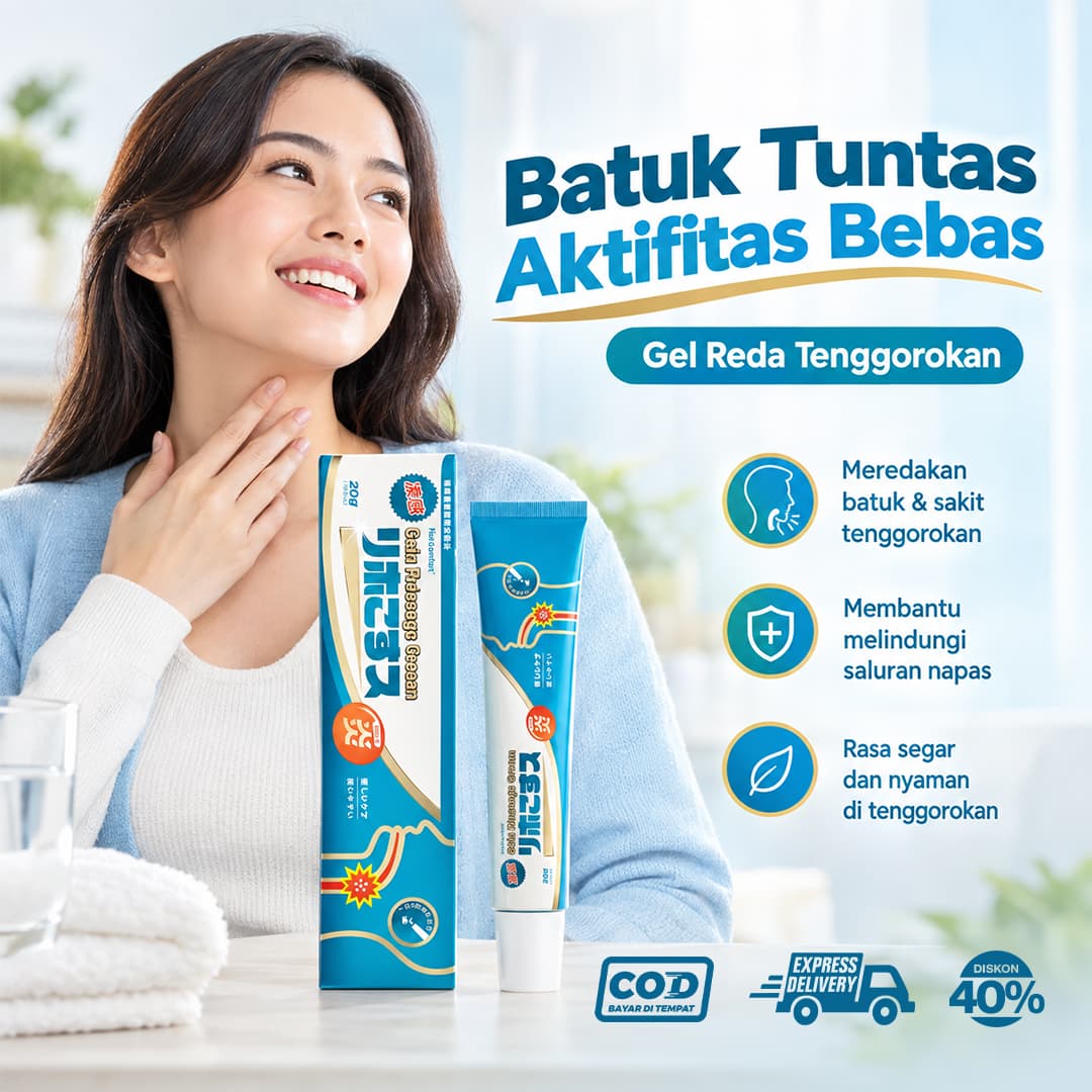 Wanita memegang leher dengan tube dan kotak Salep Tenggorokan Lega, tulisan Batuk Tuntas Aktifitas Bebas dan diskon 40%
