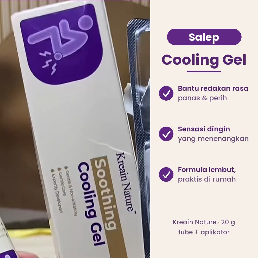 Kotak Kreain Nature Soothing Cooling Gel 20 g berikon orang duduk, dengan tulisan Salep Cooling Gel: bantu redakan rasa panas dan perih, sensasi dingin, formula lembut