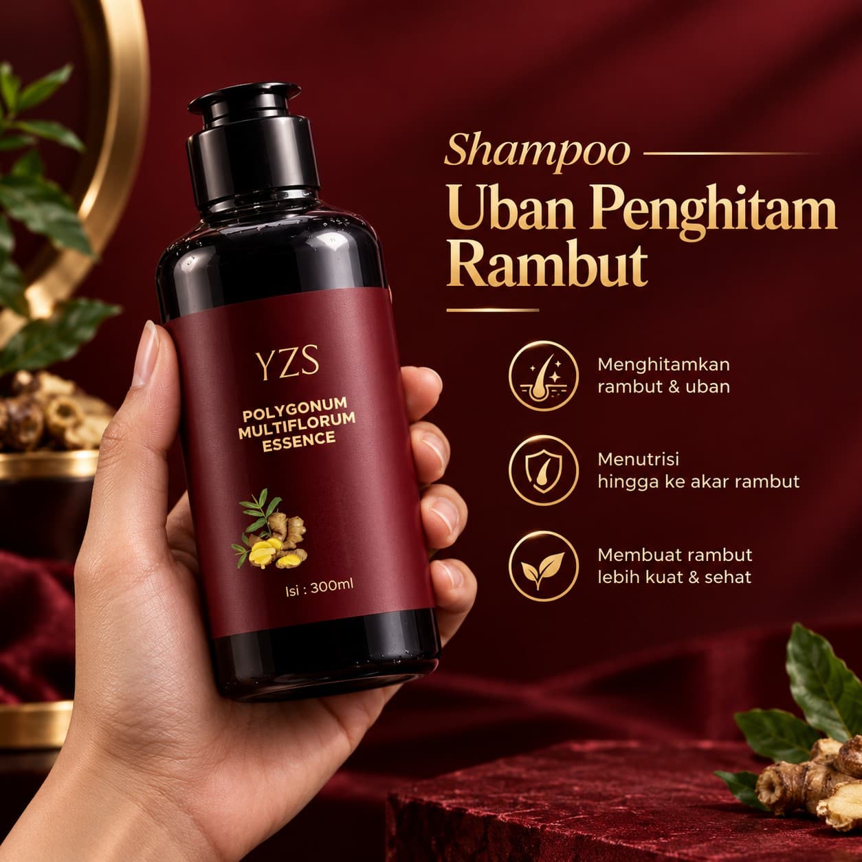 Tangan memegang botol shampoo YZS Polygonum Multiflorum Essence isi 300 ml dengan label merah marun