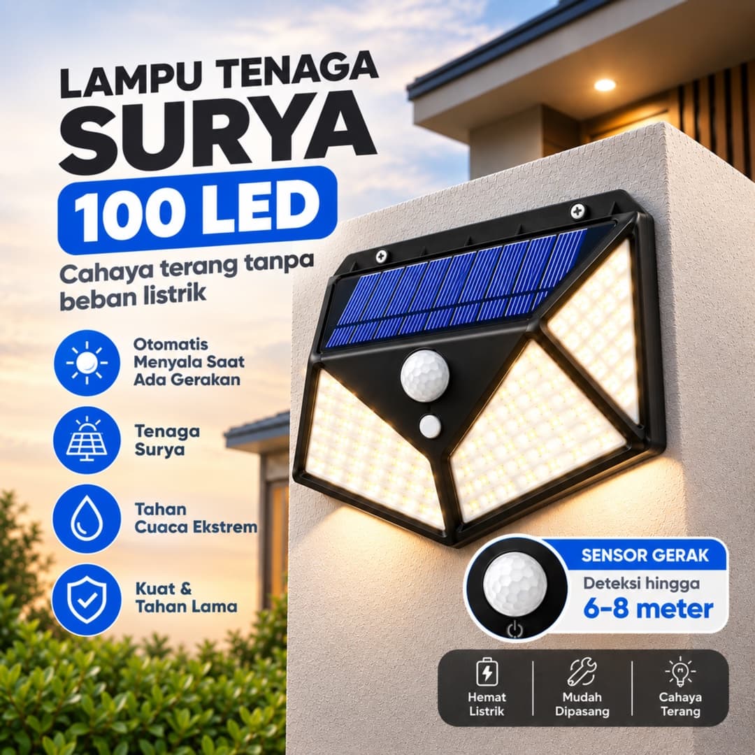 Lampu 100 LED di dinding rumah saat senja, ikon sensor gerak, tenaga surya, tahan cuaca