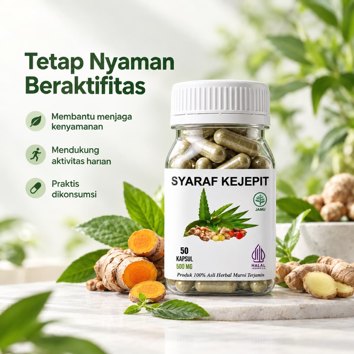 Botol Kapsul Syaraf Kejepit isi 50 kapsul dengan tutup putih di latar polos